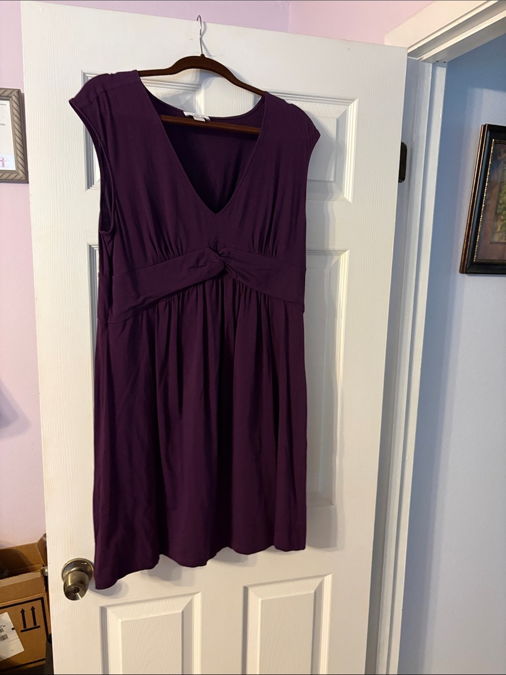 LOFT Deep Plum V-Neck Knot-Front Midi Dress